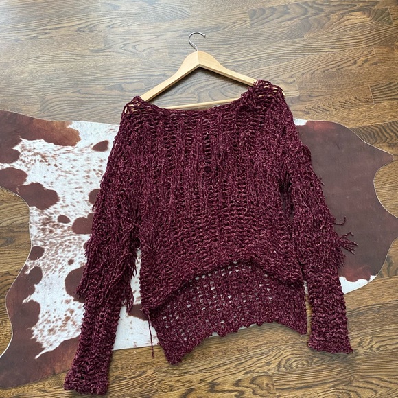 New Burgundy Western Fringe Sweater - Picture 6 of 6
